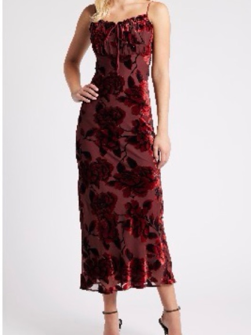 NWT Rare London Devore Floral Tie Front Chiffon Maxi Dress in Burgundy Print